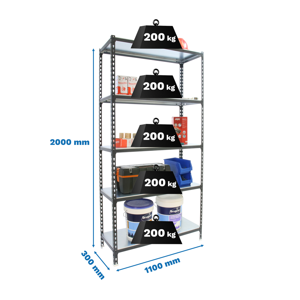 Rayonnage métallique léger sans vis 2000x1100x300 - 5 niveaux Anthracite/Blanc - SIMON RACK - 8425437097942
