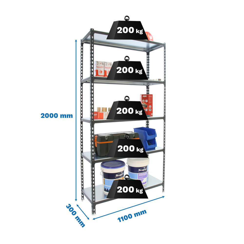 Rayonnage métallique léger sans vis 2000x1100x300 - 5 niveaux Anthracite - SIMON RACK - 8425437097959