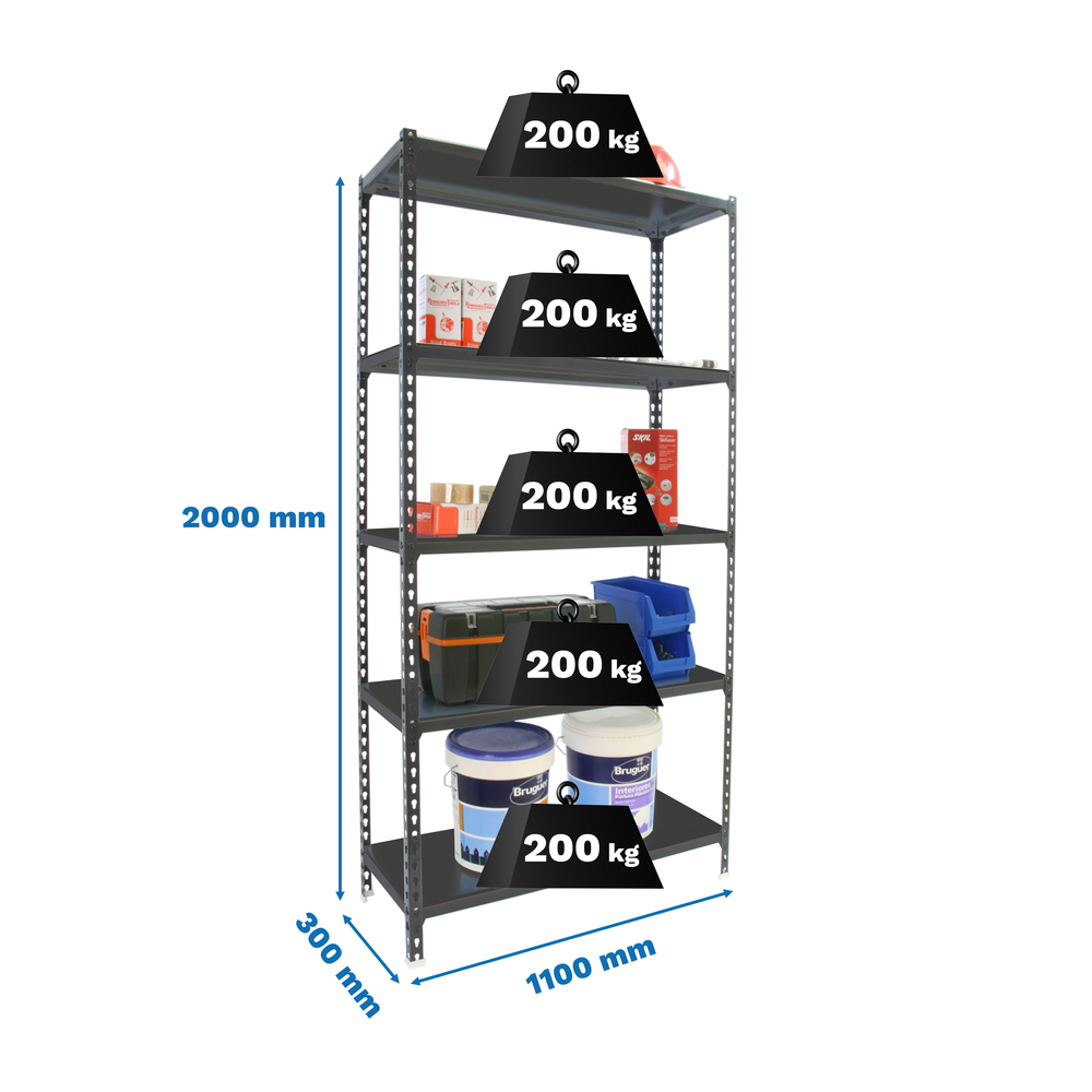 Rayonnage métallique léger sans vis 2000x1100x300 - 5 niveaux Anthracite - SIMON RACK - 8425437097966