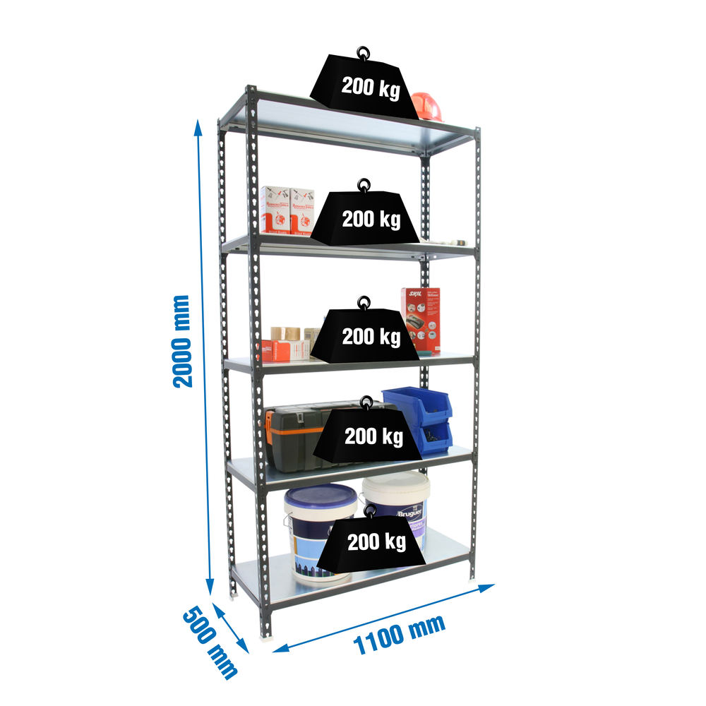 Rayonnage métallique léger sans vis 2000x1100x500 - 5 niveaux Anthracite - SIMON RACK - 8425437098178