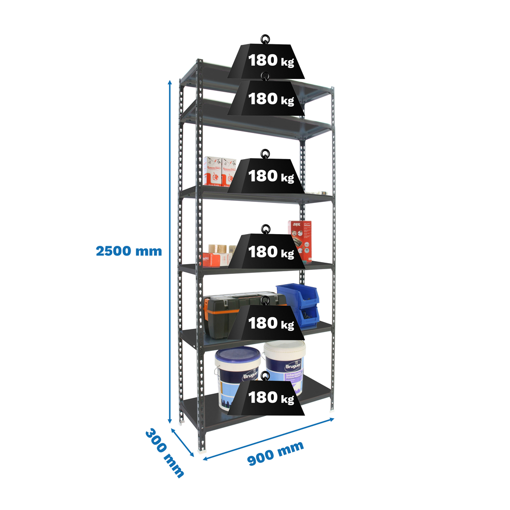 Rayonnage métallique léger sans vis 2500x900x300 - 6 niveaux Anthracite - SIMON RACK - 8425437098222