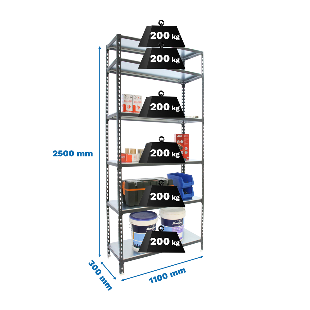 Rayonnage métallique léger sans vis 2500x1100x300 - 6 niveaux Anthracite/Blanc - SIMON RACK - 8425437098277
