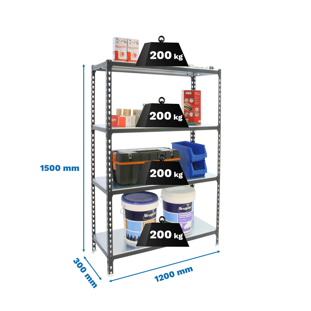 Rayonnage métallique léger sans vis 1500x1200x300 - 4 niveaux Anthracite/Blanc - SIMON RACK - 8425437098635
