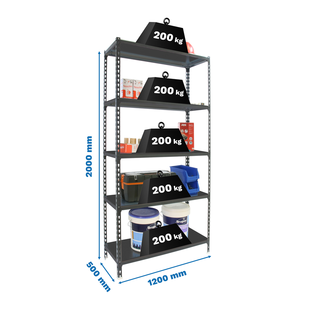 Rayonnage métallique léger sans vis 2000x1200x500 - 5 niveaux Anthracite - SIMON RACK - 8425437098796