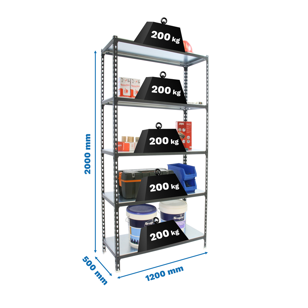 Rayonnage métallique léger sans vis 2000x1200x500 - 5 niveaux Anthracite - SIMON RACK - 8425437098802