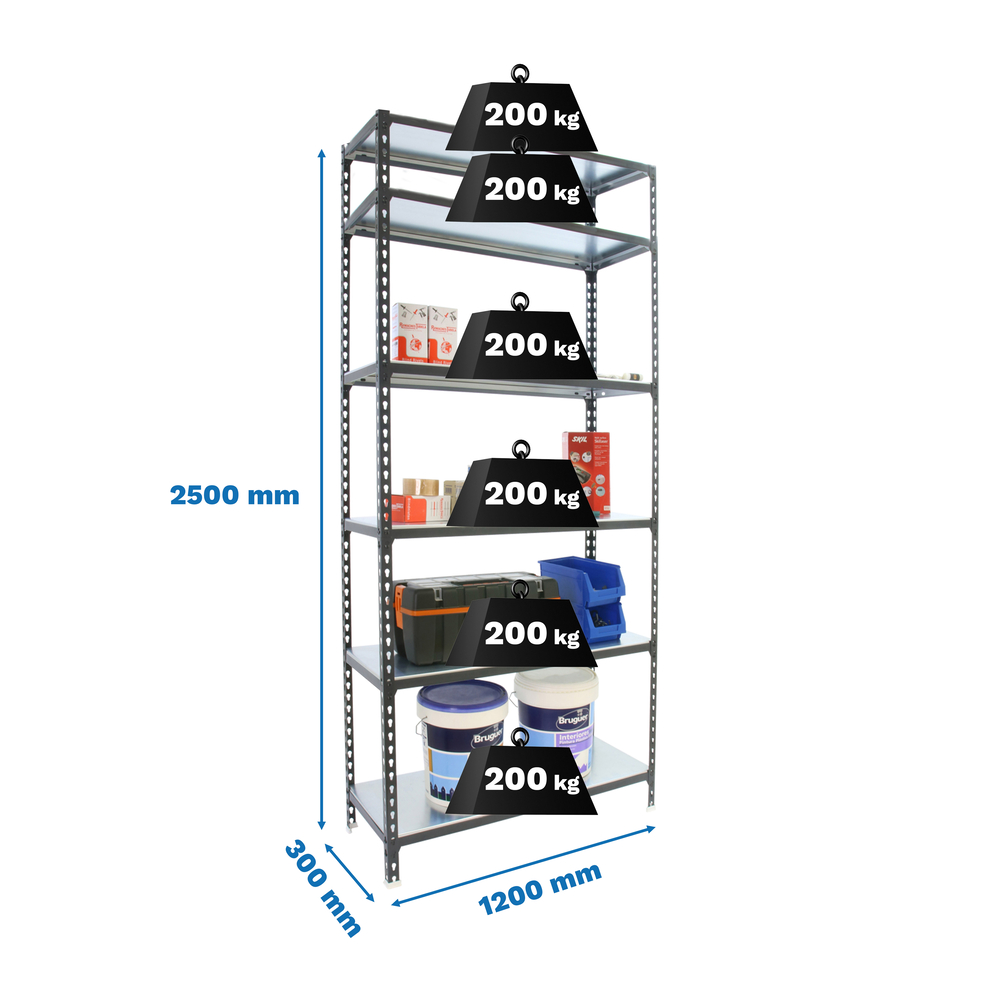 Rayonnage métallique léger sans vis 2500x1200x300 - 6 niveaux Anthracite/Blanc - SIMON RACK - 8425437098819