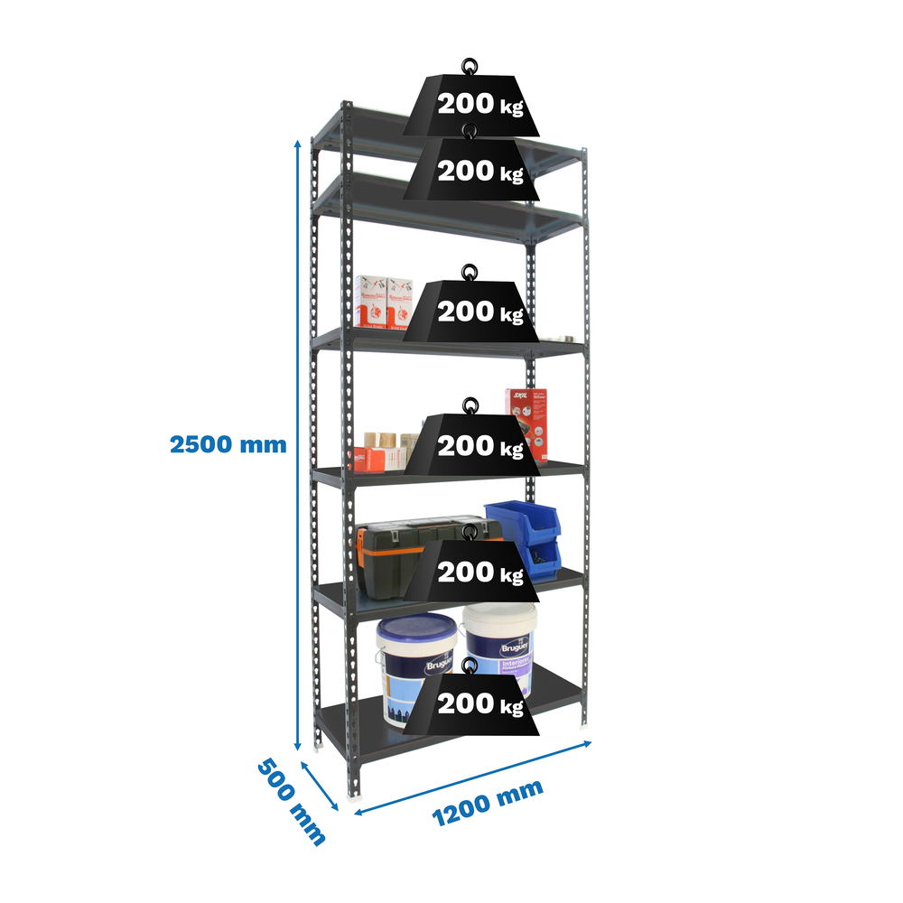 Rayonnage métallique léger sans vis 2500x1200x500 - 6 niveaux Anthracite - SIMON RACK - 8425437098888
