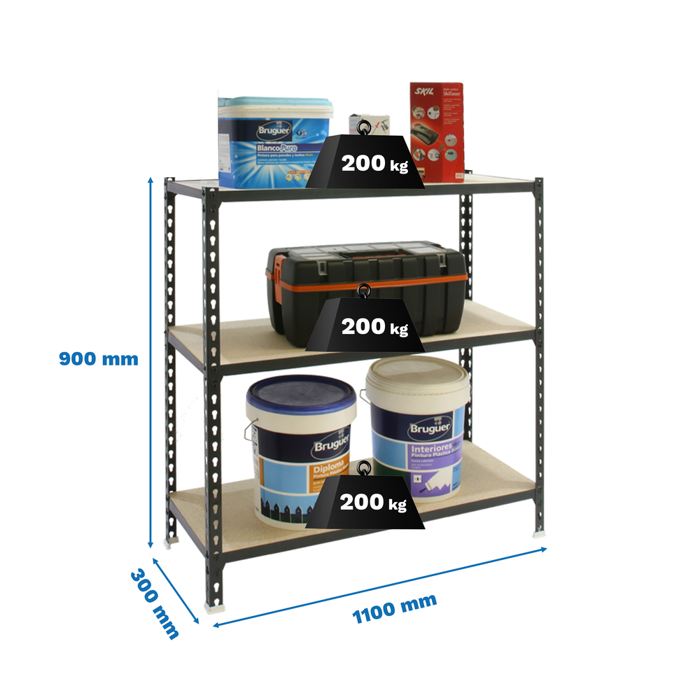 Rayonnage bois-métal léger sans vis 900x1100x300 - 3 niveaux Anthracite/Bois - SIMON RACK - 8425437099083
