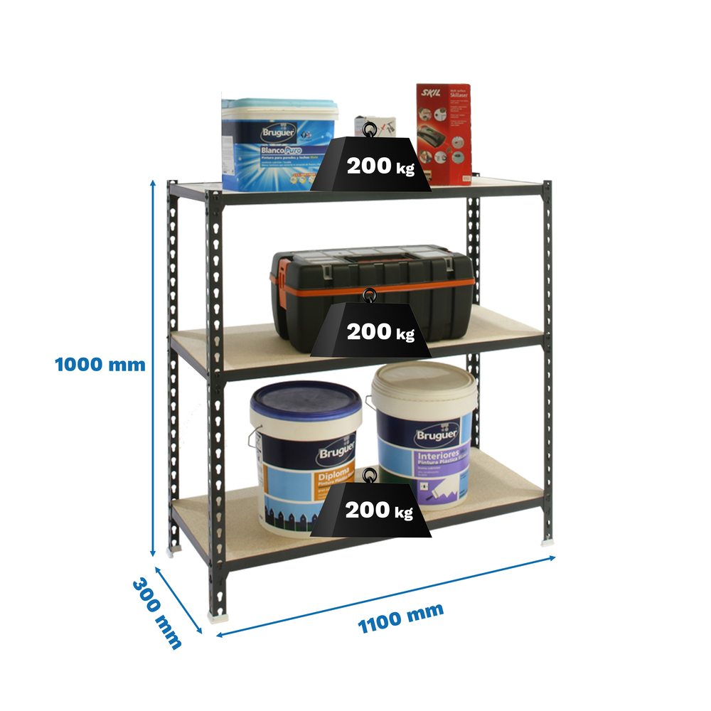Rayonnage bois-métal léger sans vis 1000x1100x300 - 3 niveaux Anthracite/Bois - SIMON RACK - 8425437099090