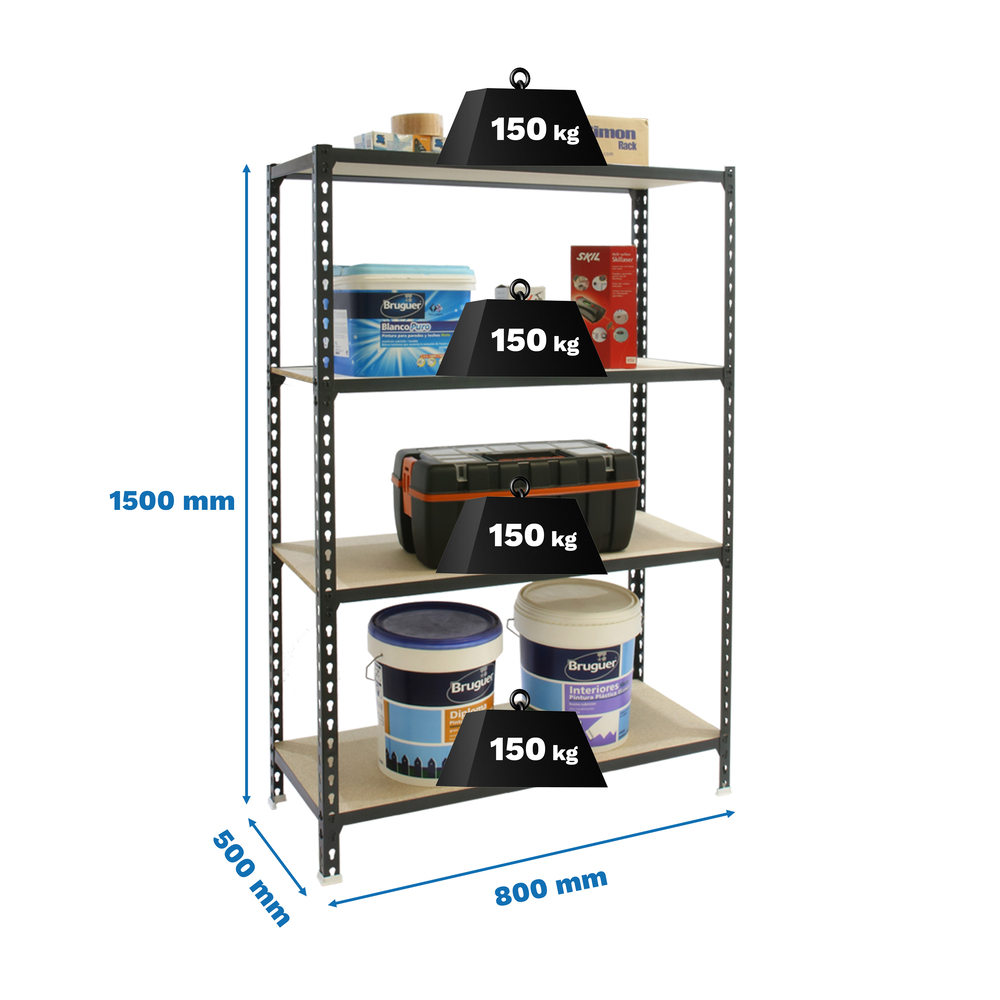 Rayonnage bois-métal léger sans vis 1500x800x500 - 4 niveaux Anthracite/Bois - SIMON RACK - 8425437099229