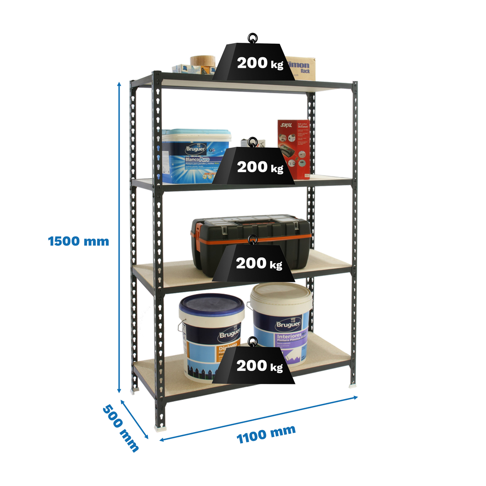 Rayonnage bois-métal léger sans vis 1500x1100x500 - 4 niveaux Anthracite/Bois - SIMON RACK - 8425437099250