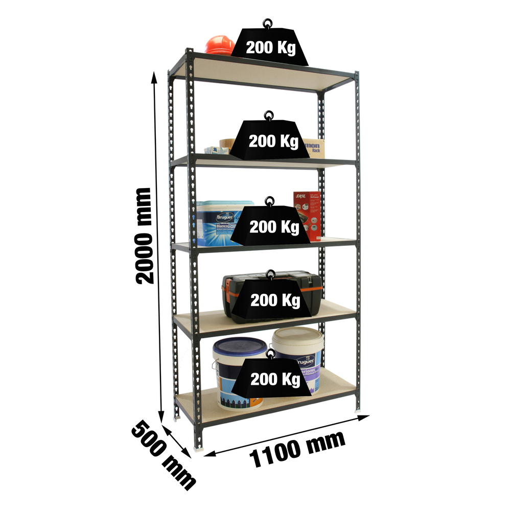 Rayonnage bois-métal léger sans vis 2000x1100x500 - 5 niveaux Anthracite/Bois - SIMON RACK - 8425437099328