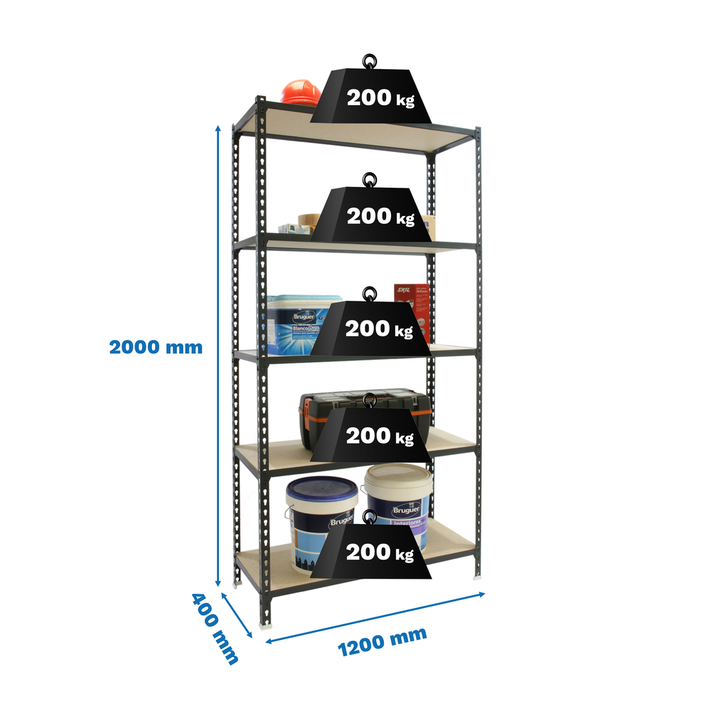Rayonnage bois-métal léger sans vis 2000x1200x400 - 5 niveaux Anthracite/Bois - SIMON RACK - 8425437099533