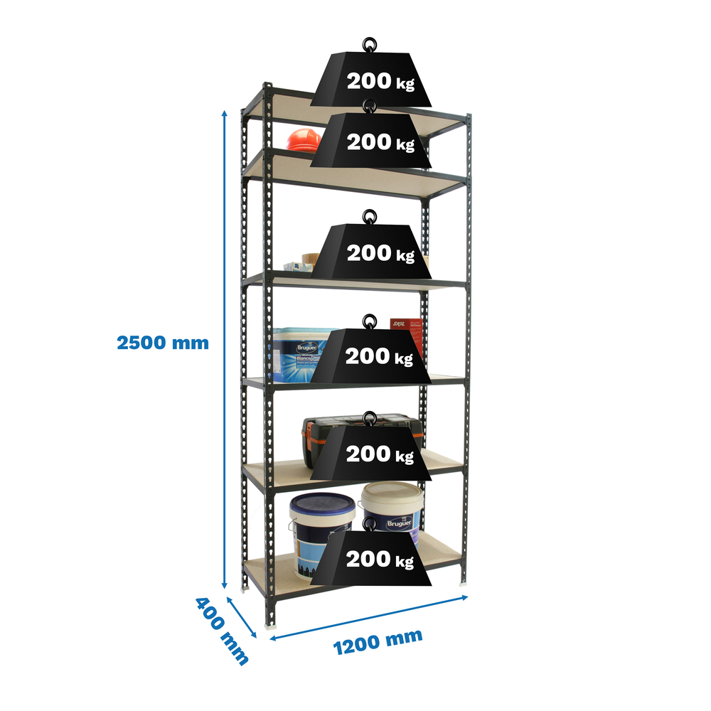 Rayonnage bois-métal léger sans vis 2500x1200x400 - 6 niveaux Anthracite/Bois - SIMON RACK - 8425437099564