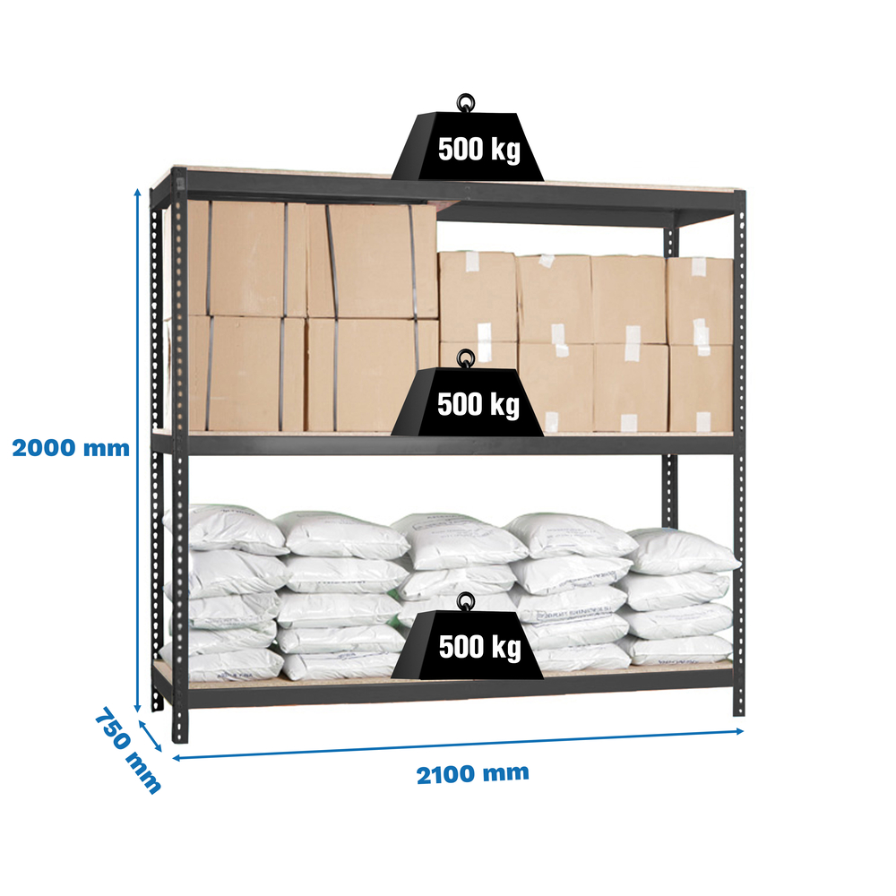 Étagère charge moyenne 500 à 600kg - 2000x2100x750 - 3 niveaux Anthracite/Bois - SIMON RACK - 8425437100642