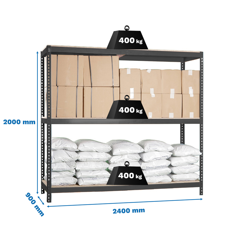 Étagère charge moyenne 500 à 600kg - 2000x2400x900 - 3 niveaux Anthracite/Bois - SIMON RACK - 8425437100697