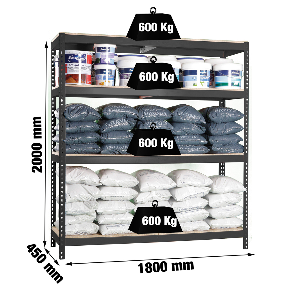 Étagère charge moyenne 500 à 600kg - 2000x1800x450 - 4 niveaux Anthracite/Bois - SIMON RACK - 8425437100741
