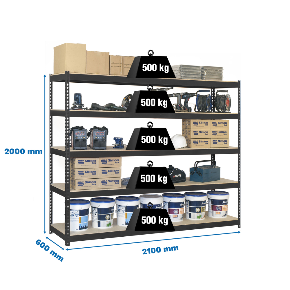 Étagère charge moyenne 500 à 600kg - 2000x2100x600 - 5 niveaux Anthracite/Bois - SIMON RACK - 8425437100956