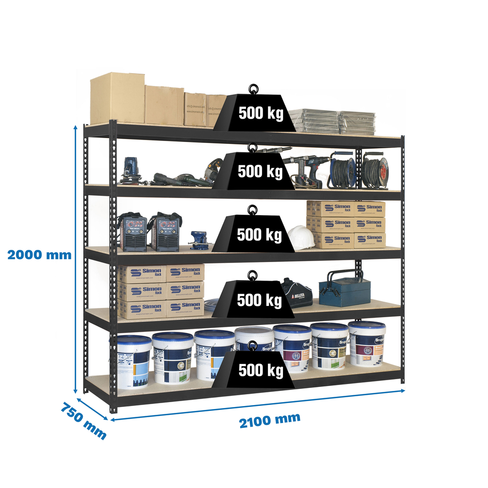 Étagère charge moyenne 500 à 600kg - 2000x2100x750 - 5 niveaux Anthracite/Bois - SIMON RACK - 8425437100963