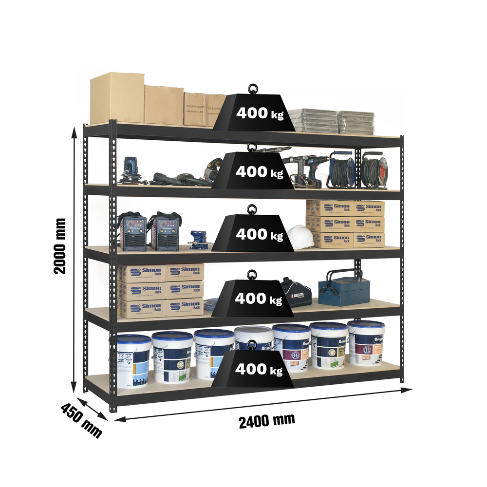 Étagère charge moyenne 500 à 600kg - 2000x2400x450 - 5 niveaux Anthracite/Bois - SIMON RACK - 8425437100987