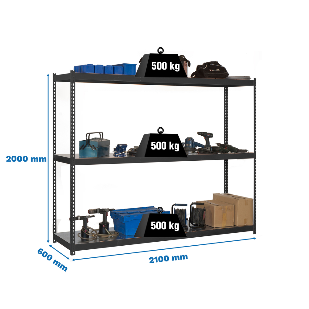 Étagère charge moyenne 500 à 600kg - 2000x2100x600 - 3 niveaux Anthracite - SIMON RACK - 8425437101526