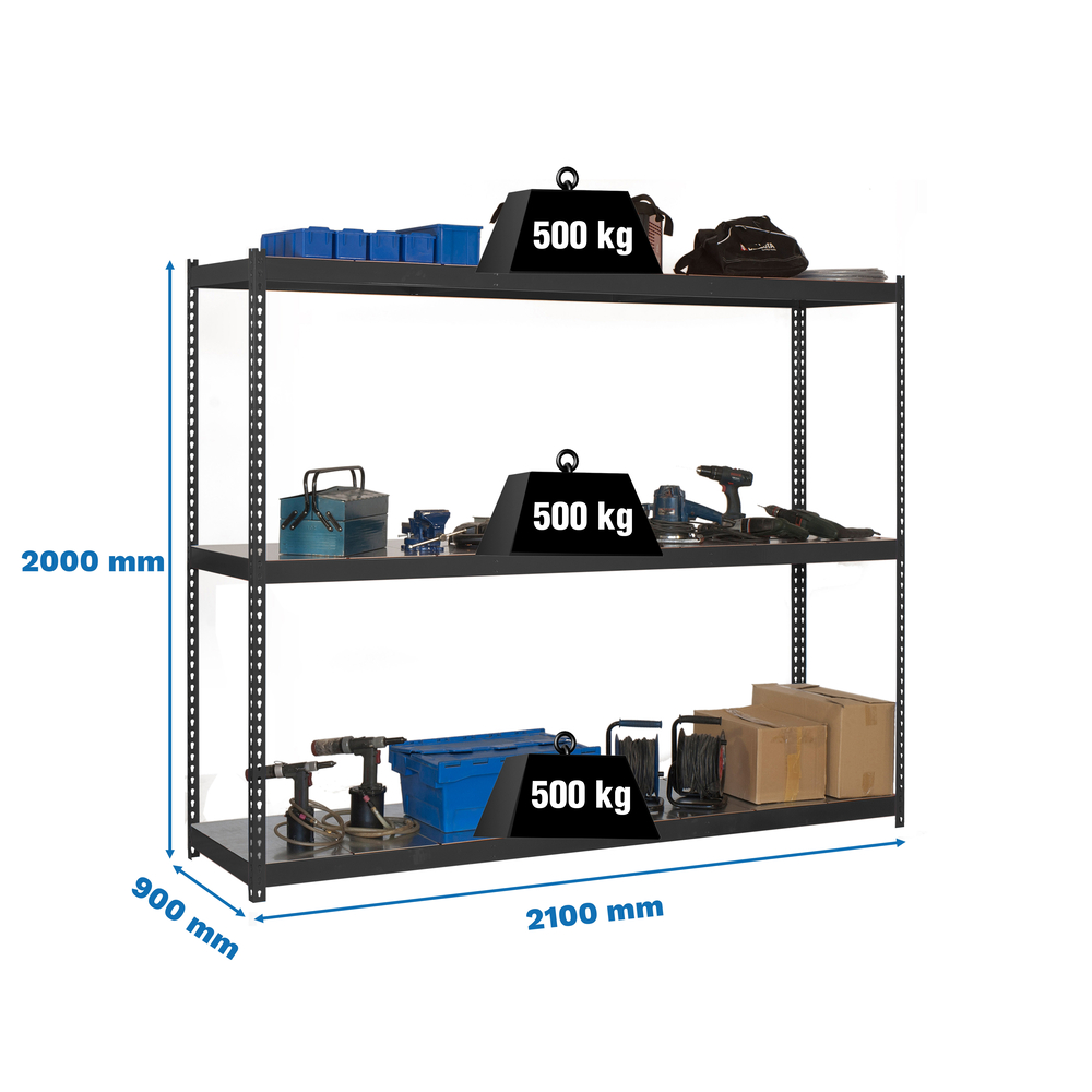 Étagère charge moyenne 500 à 600kg - 2000x2100x900 - 3 niveaux Anthracite - SIMON RACK - 8425437101540