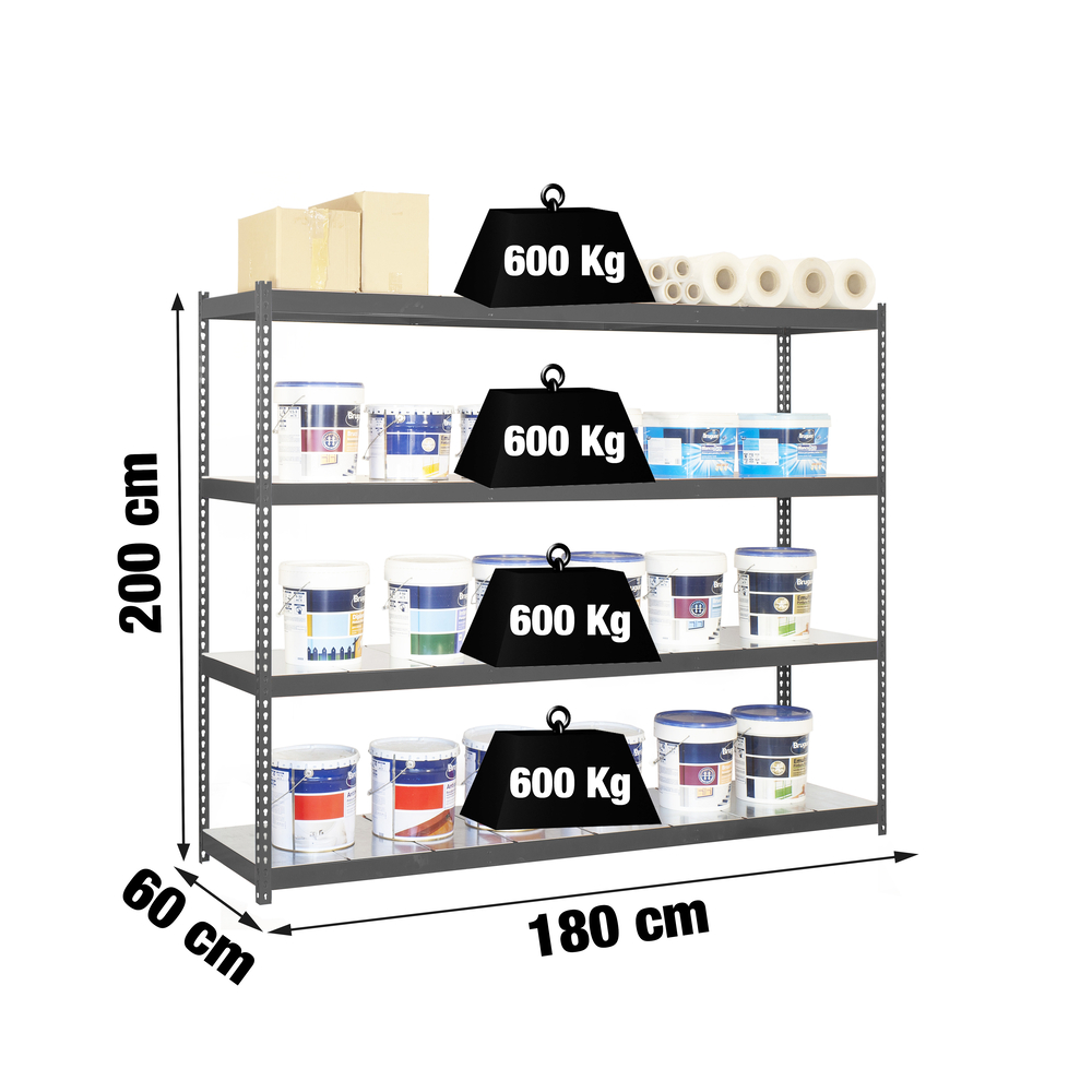 Étagère charge moyenne 500 à 600kg - 2000x1800x600 - 4 niveaux Anthracite - SIMON RACK - 8425437101649