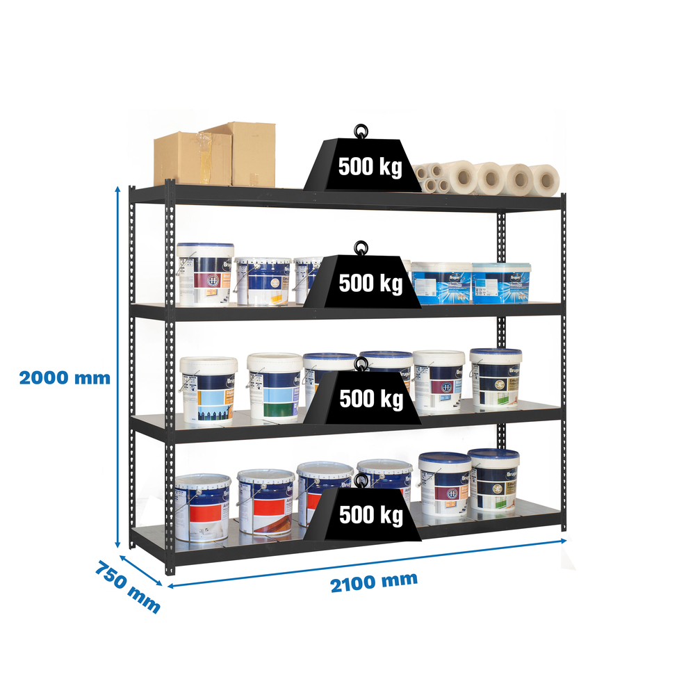 Étagère charge moyenne 500 à 600kg - 2000x2100x750 - 4 niveaux Anthracite - SIMON RACK - 8425437101694