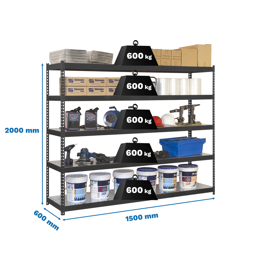 Étagère charge moyenne 500 à 600kg - 2000x1500x600 - 5 niveaux Anthracite - SIMON RACK - 8425437101762