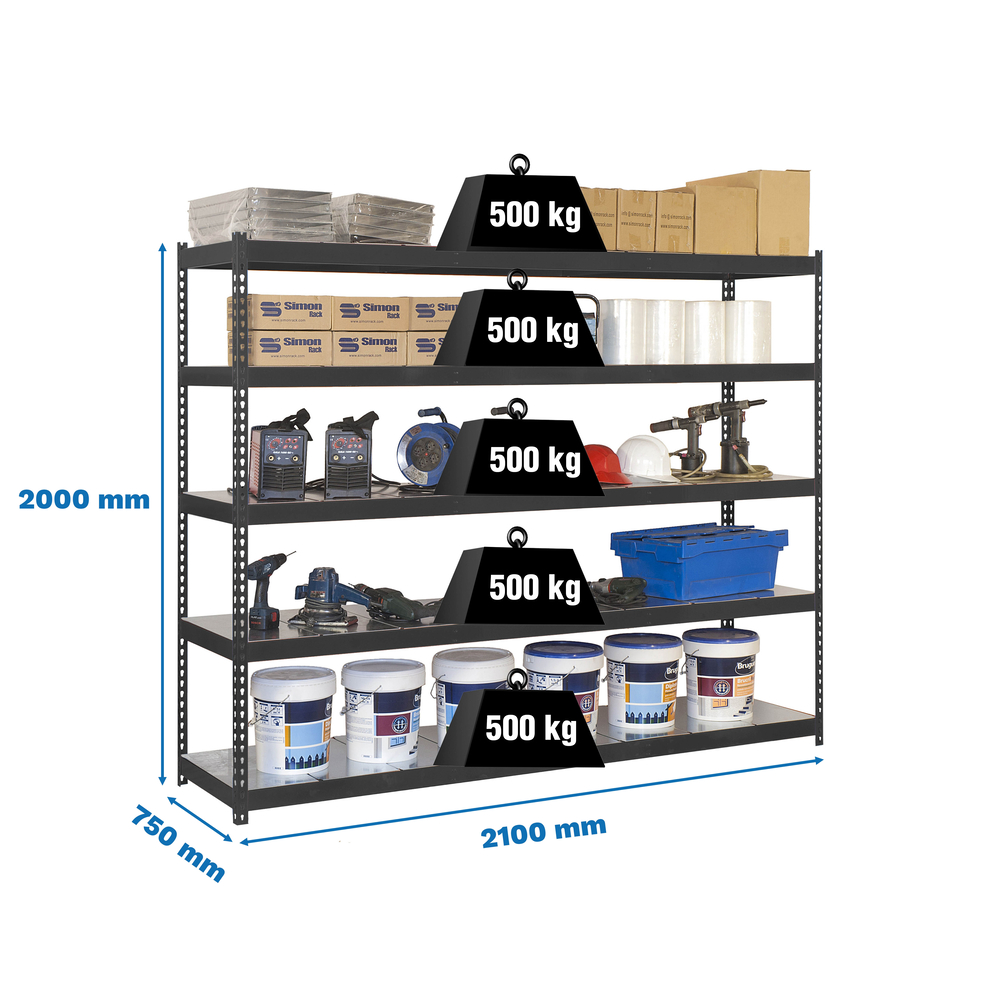 Étagère charge moyenne 500 à 600kg - 2000x2100x750 - 5 niveaux Anthracite - SIMON RACK - 8425437101854