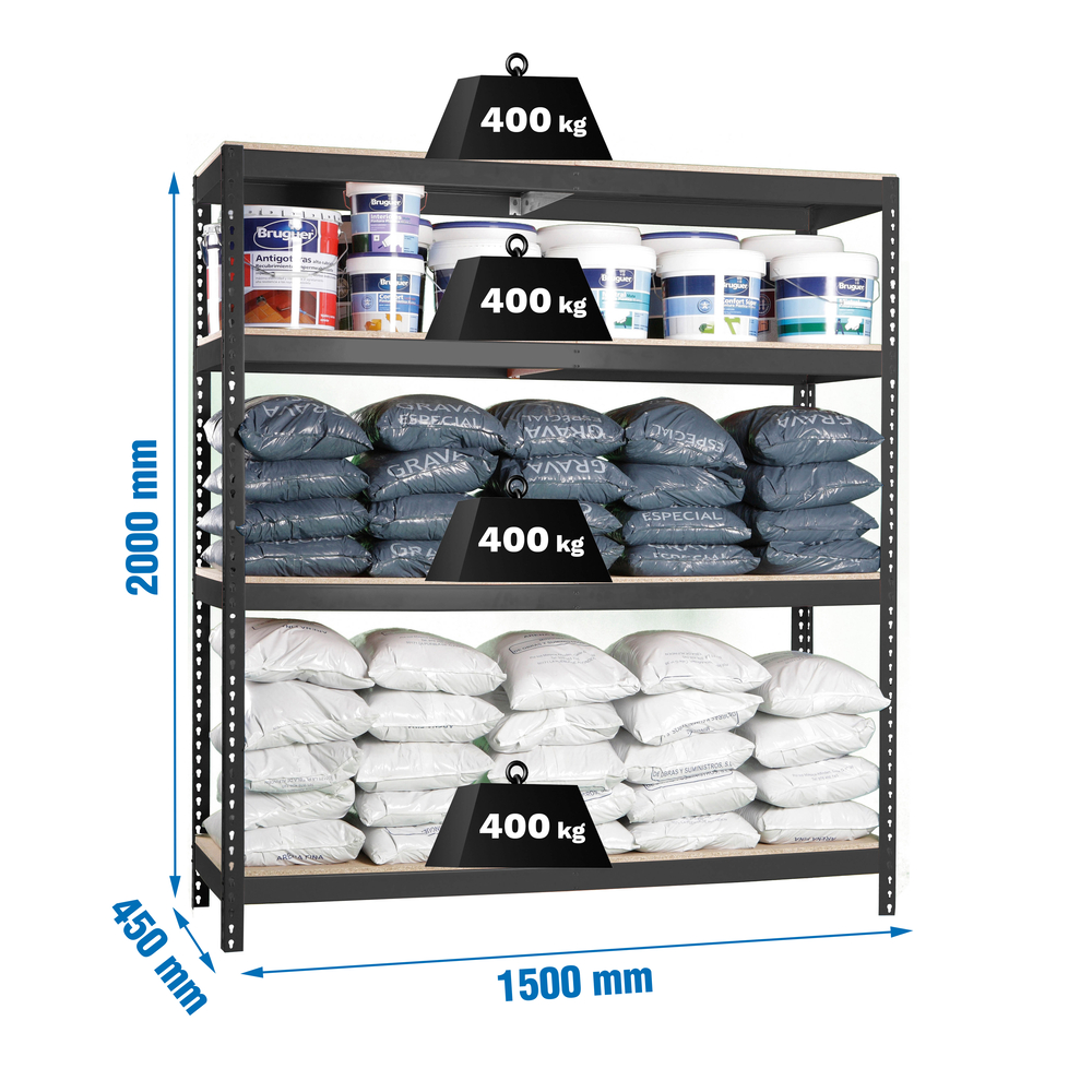 Étagère charge moyenne 400kg - 2000x1500x450 - 4 niveaux Anthracite/Bois - SIMON RACK - 8425437102691