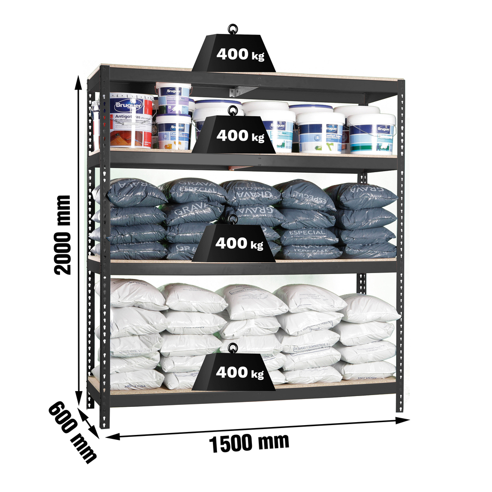 Étagère charge moyenne 400kg - 2000x1500x600 - 4 niveaux Anthracite/Bois - SIMON RACK - 8425437102707