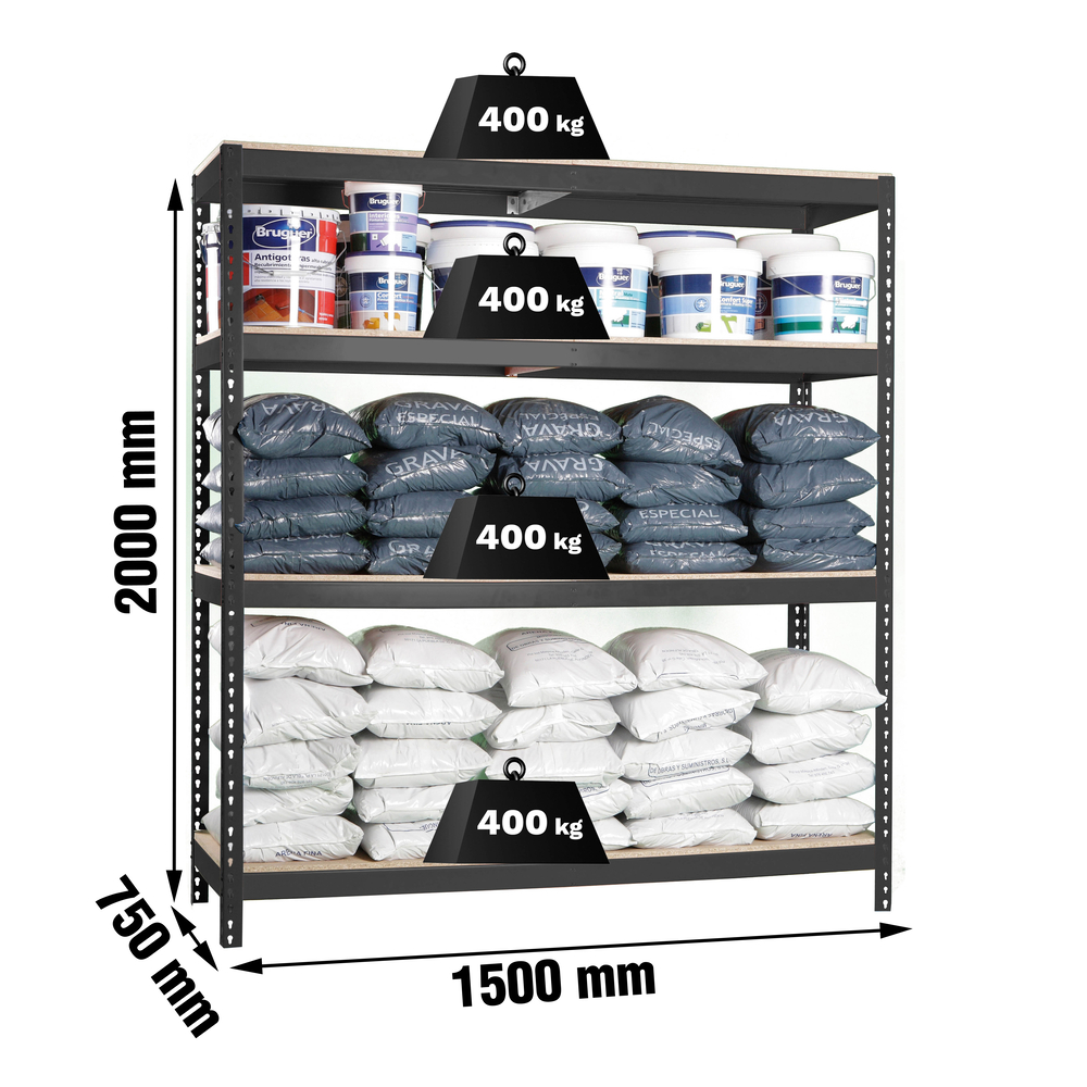 Étagère charge moyenne 400kg - 2000x1500x750 - 4 niveaux Anthracite/Bois - SIMON RACK - 8425437102714