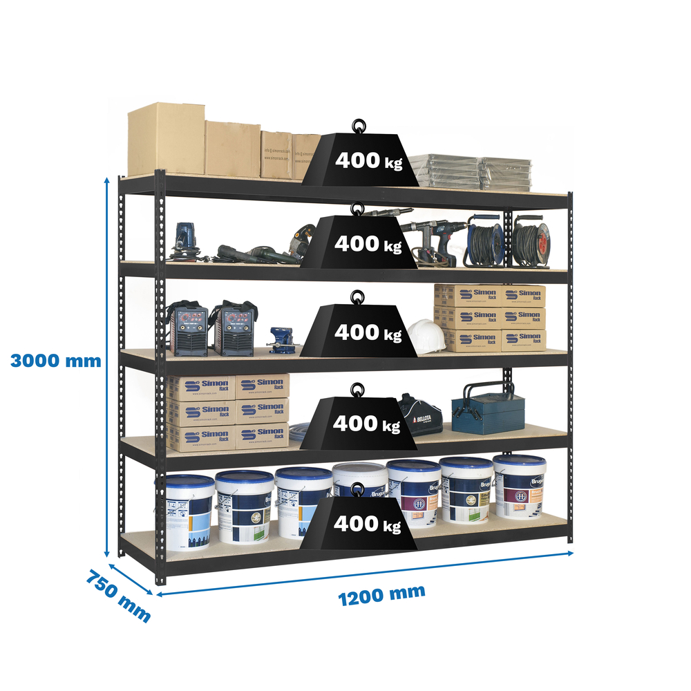 Étagère charge moyenne 400kg - 3000x1200x750 - 5 niveaux Anthracite/Bois - SIMON RACK - 8425437102929