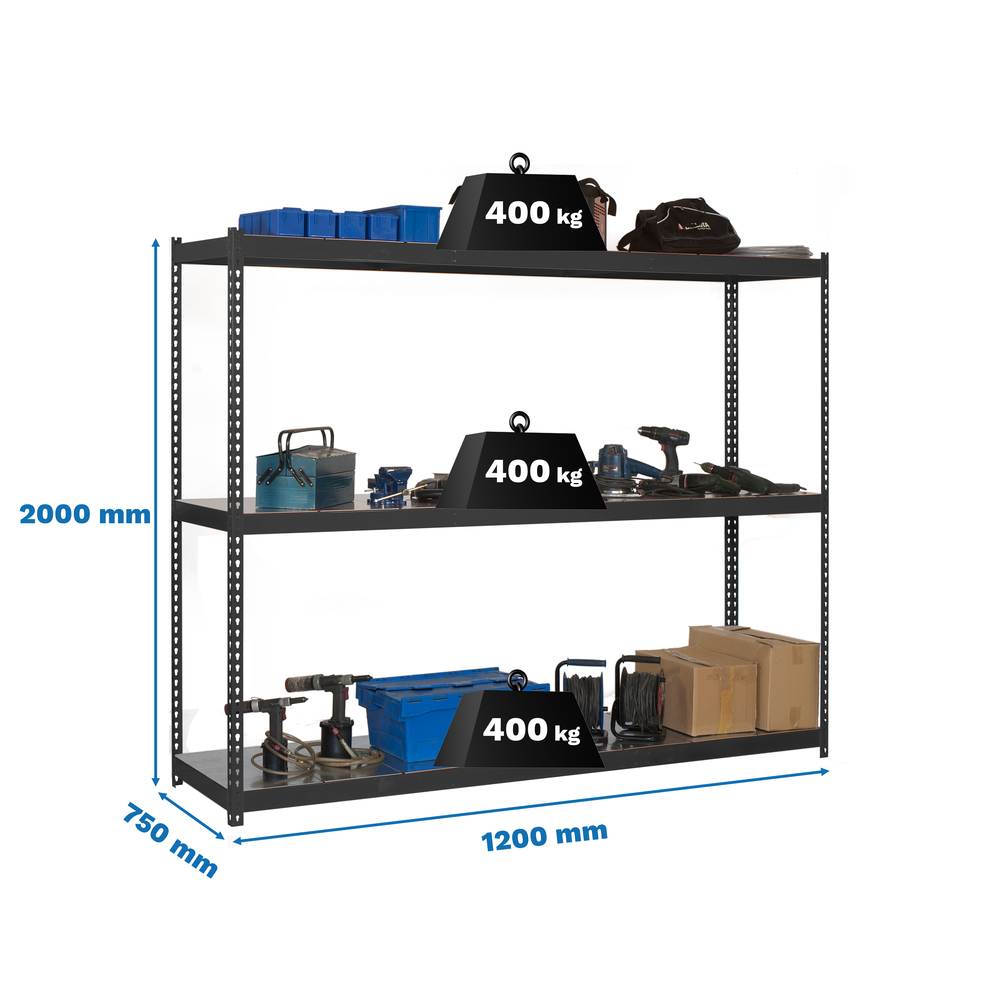 Étagère charge moyenne 400kg - 2000x1200x750 - 3 niveaux Anthracite - SIMON RACK - 8425437103100