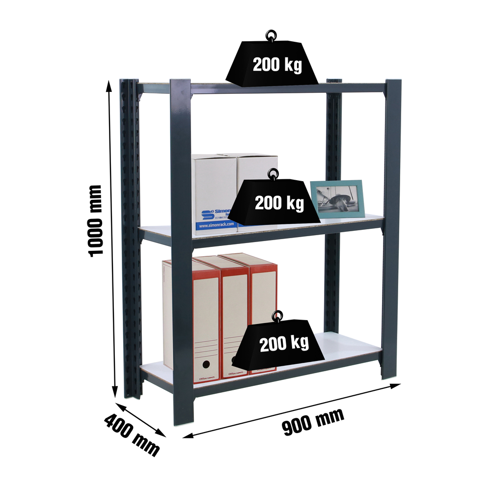 Rayonnage de bureau charge légère sans vis 1000x900x400 - 3 niveaux Anthracite/Blanc - SIMON RACK - 8425437103759