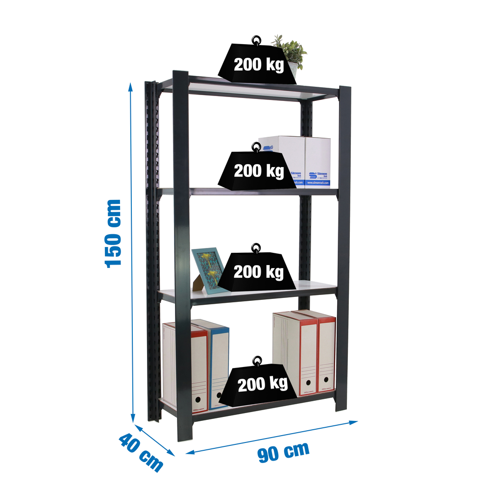 Rayonnage de bureau charge légère sans vis 1500x900x400 - 4 niveaux Anthracite/Blanc - SIMON RACK - 8425437103810