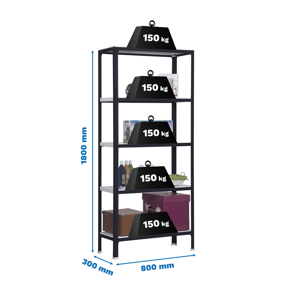Rayonnage intérieur 1800x800x300 - 5 niveaux Anthracite/Blanc - SIMON RACK - 8425437104350
