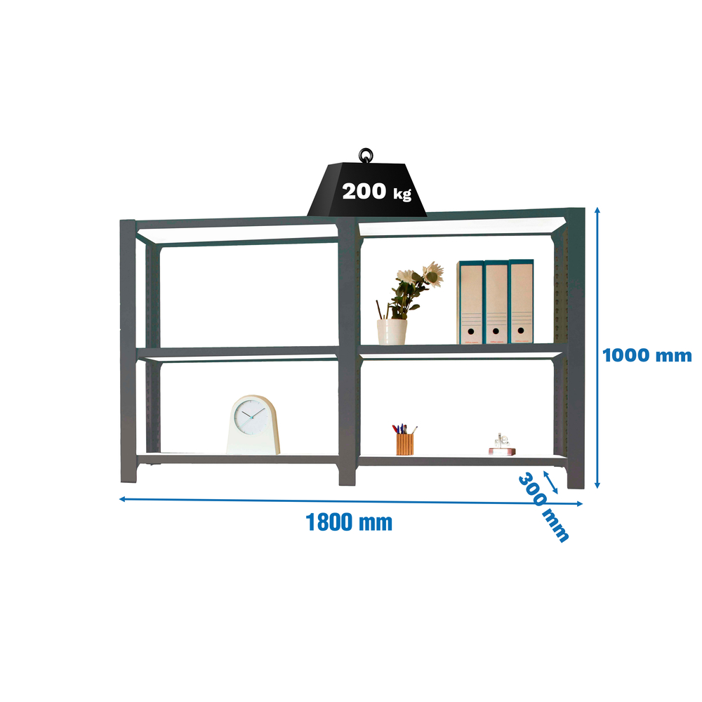 Rayonnage de bureau charge légère sans vis 1000x1800x300 - 3 niveaux Anthracite/Blanc - SIMON RACK - 8425437108600