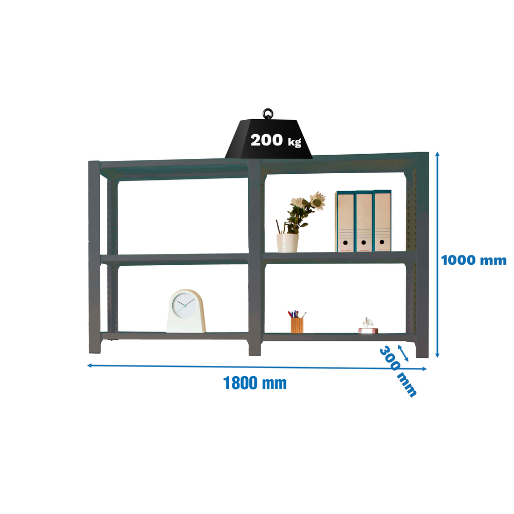Rayonnage de bureau charge légère sans vis 1000x1800x300 - 3 niveaux Anthracite - SIMON RACK - 8425437108617