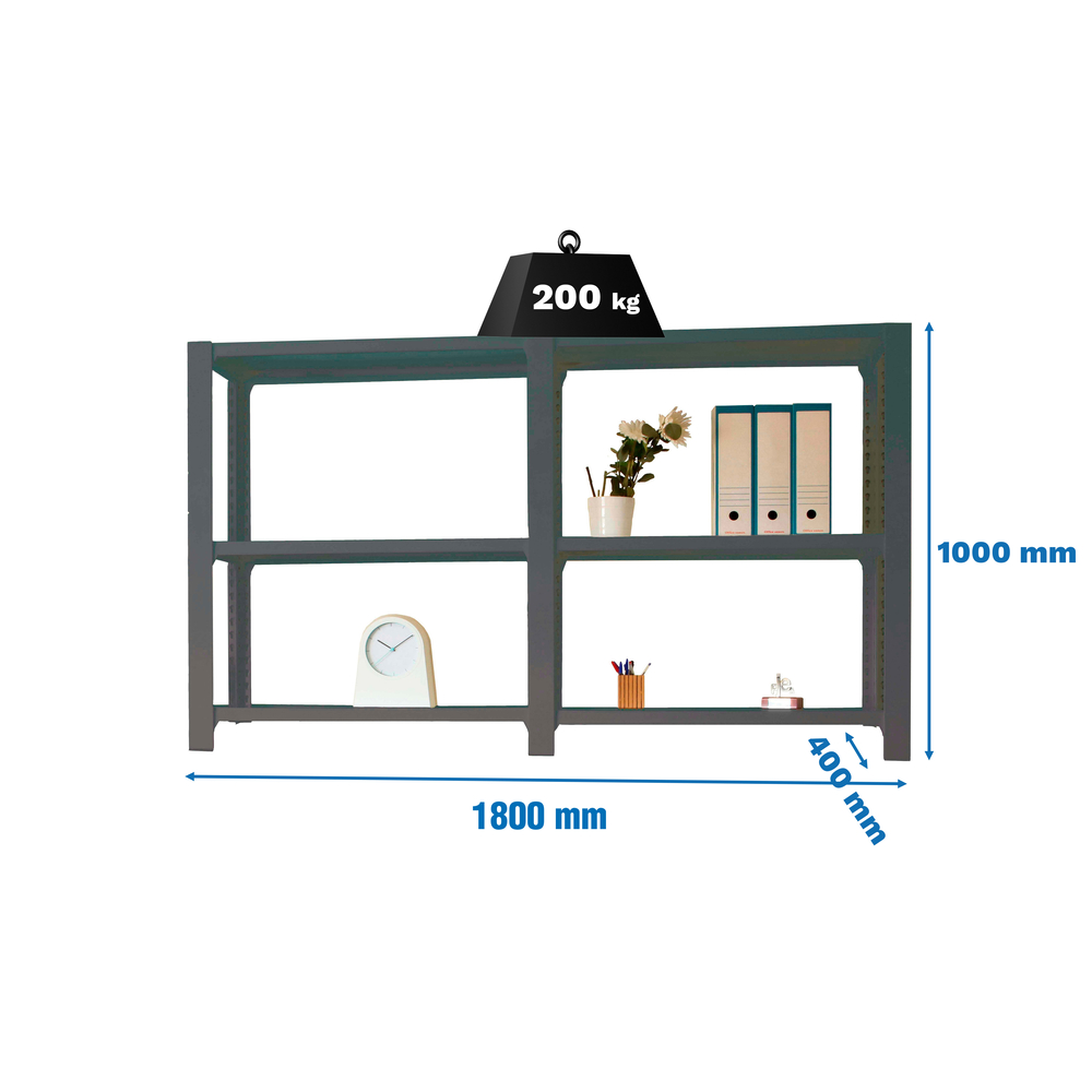 Rayonnage de bureau charge légère sans vis 1000x1800x400 - 3 niveaux Anthracite - SIMON RACK - 8425437108679