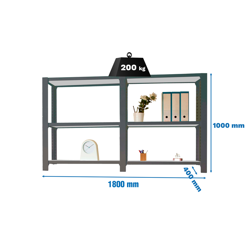 Rayonnage de bureau charge légère sans vis 1000x1800x400 - 3 niveaux Anthracite - SIMON RACK - 8425437108686
