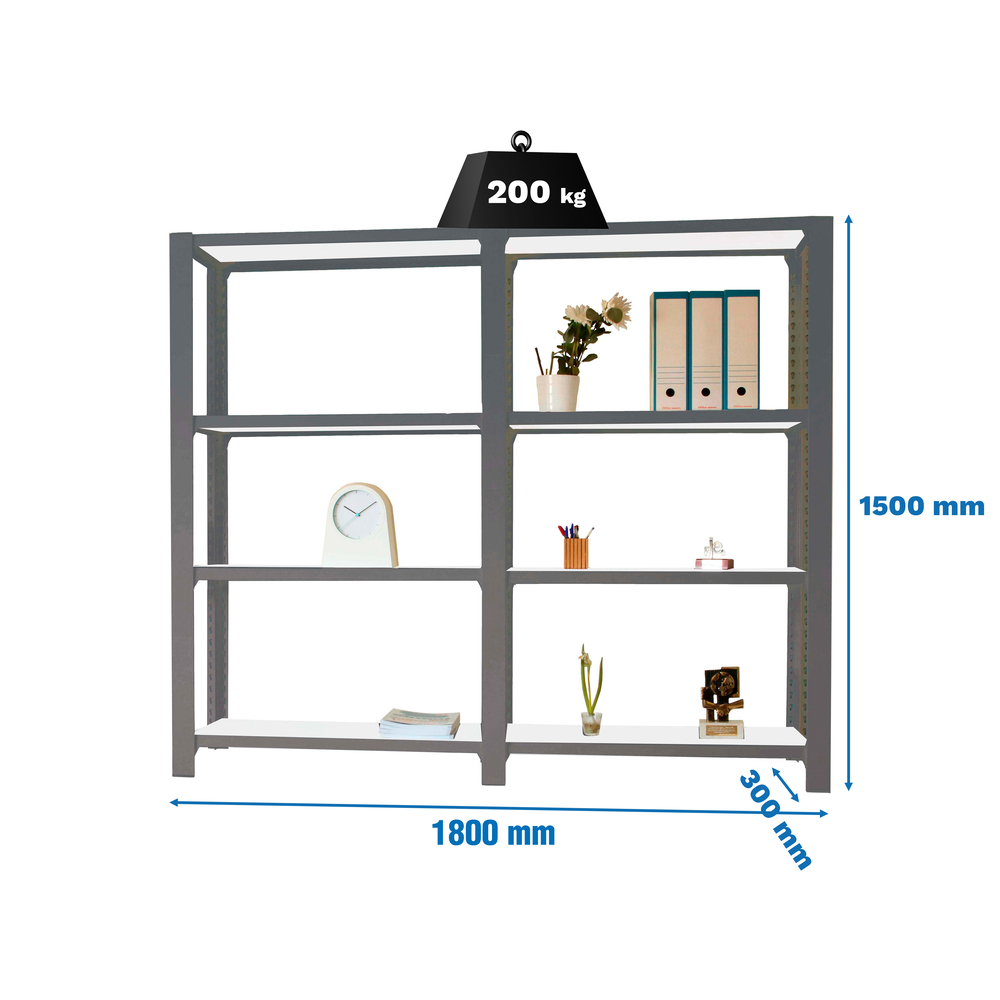Rayonnage de bureau charge légère sans vis 1500x1800x300 - 4 niveaux Anthracite/Blanc - SIMON RACK - 8425437108723