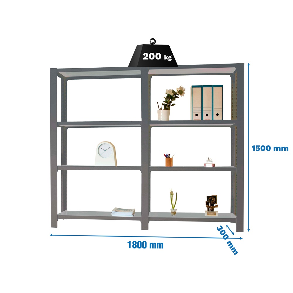 Rayonnage de bureau charge légère sans vis 1500x1800x300 - 4 niveaux Anthracite - SIMON RACK - 8425437108747