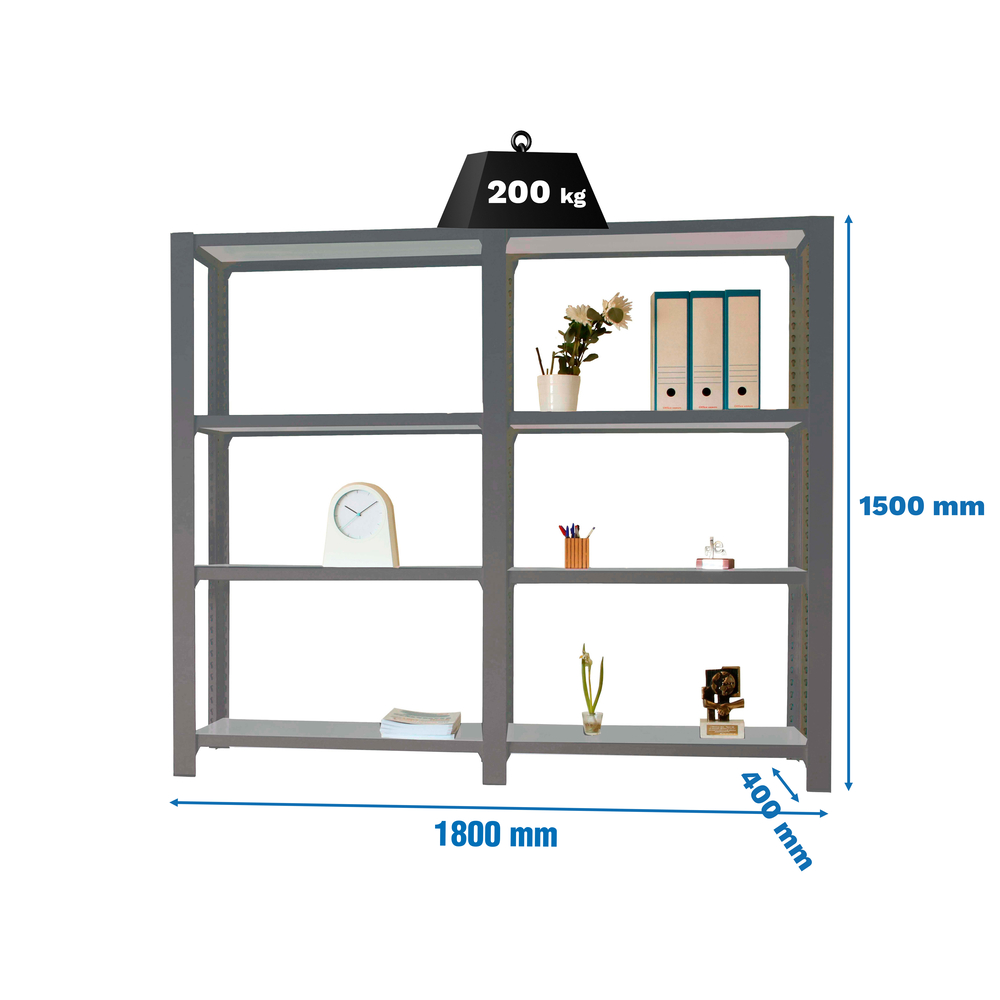 Rayonnage de bureau charge légère sans vis 1500x1800x400 - 4 niveaux Anthracite - SIMON RACK - 8425437108792