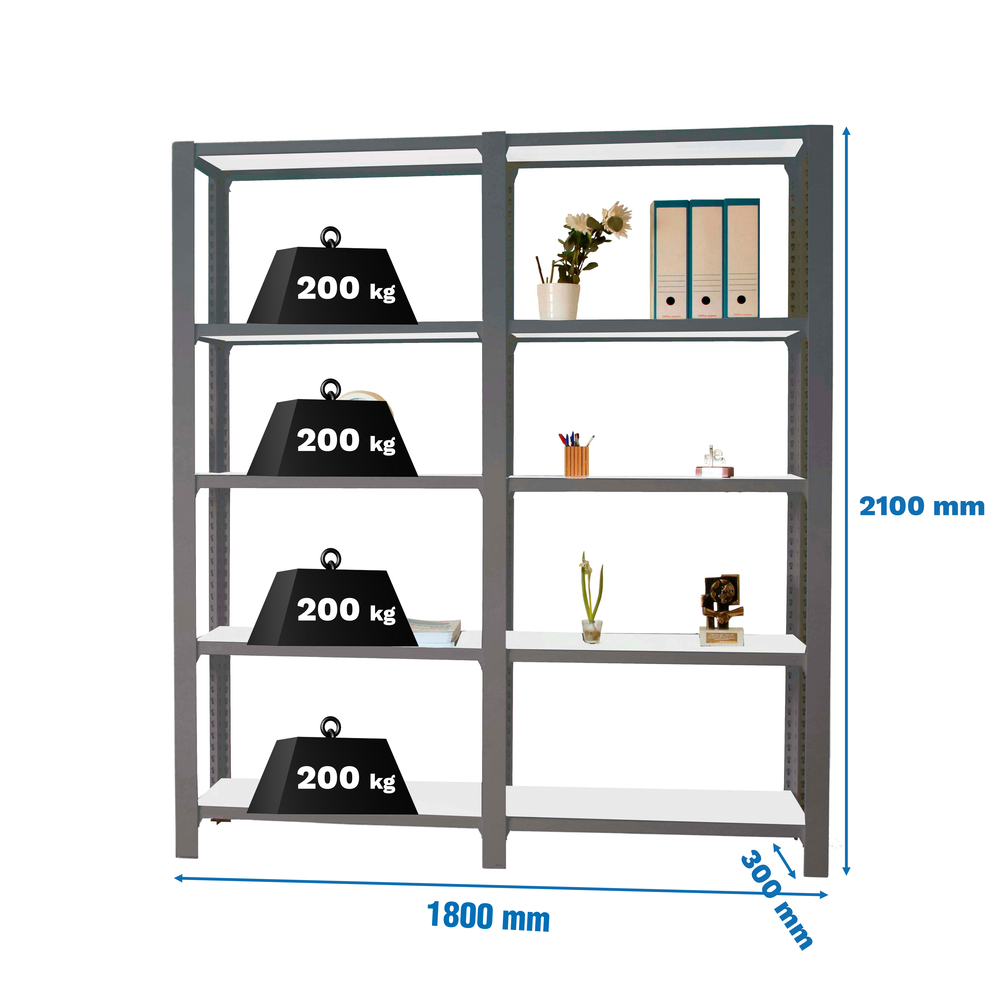 Rayonnage de bureau charge légère sans vis 2100x1800x300 - 5 niveaux Anthracite/Blanc - SIMON RACK - 8425437108846