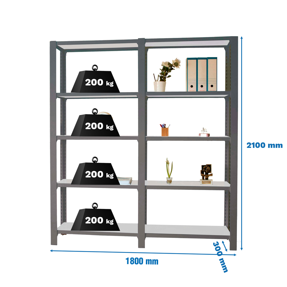 Rayonnage de bureau charge légère sans vis 2100x1800x300 - 5 niveaux Anthracite - SIMON RACK - 8425437108860