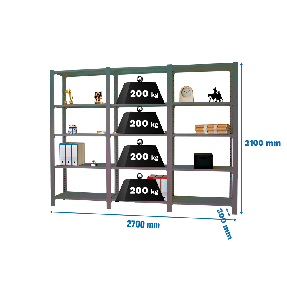 Rayonnage de bureau charge légère sans vis 2100x2700x300 - 5 niveaux Anthracite - SIMON RACK - 8425437108884