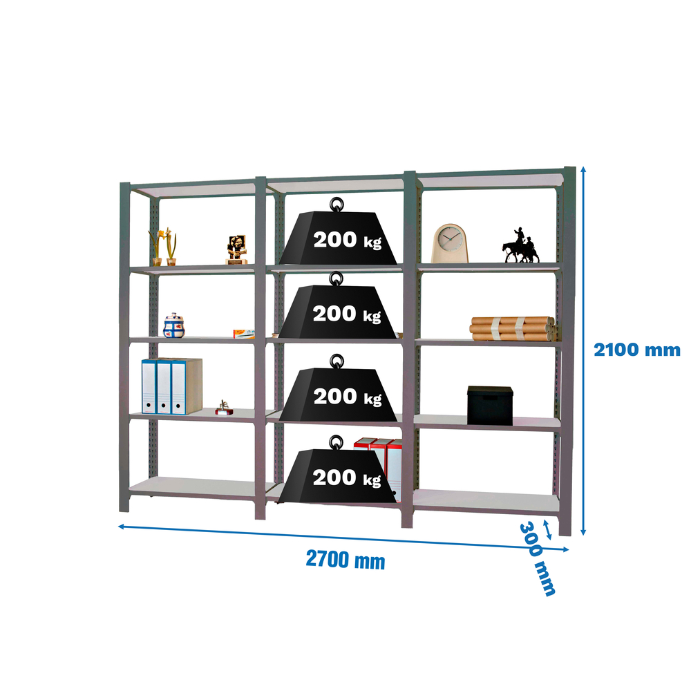 Rayonnage de bureau charge légère sans vis 2100x2700x300 - 5 niveaux Anthracite - SIMON RACK - 8425437108891