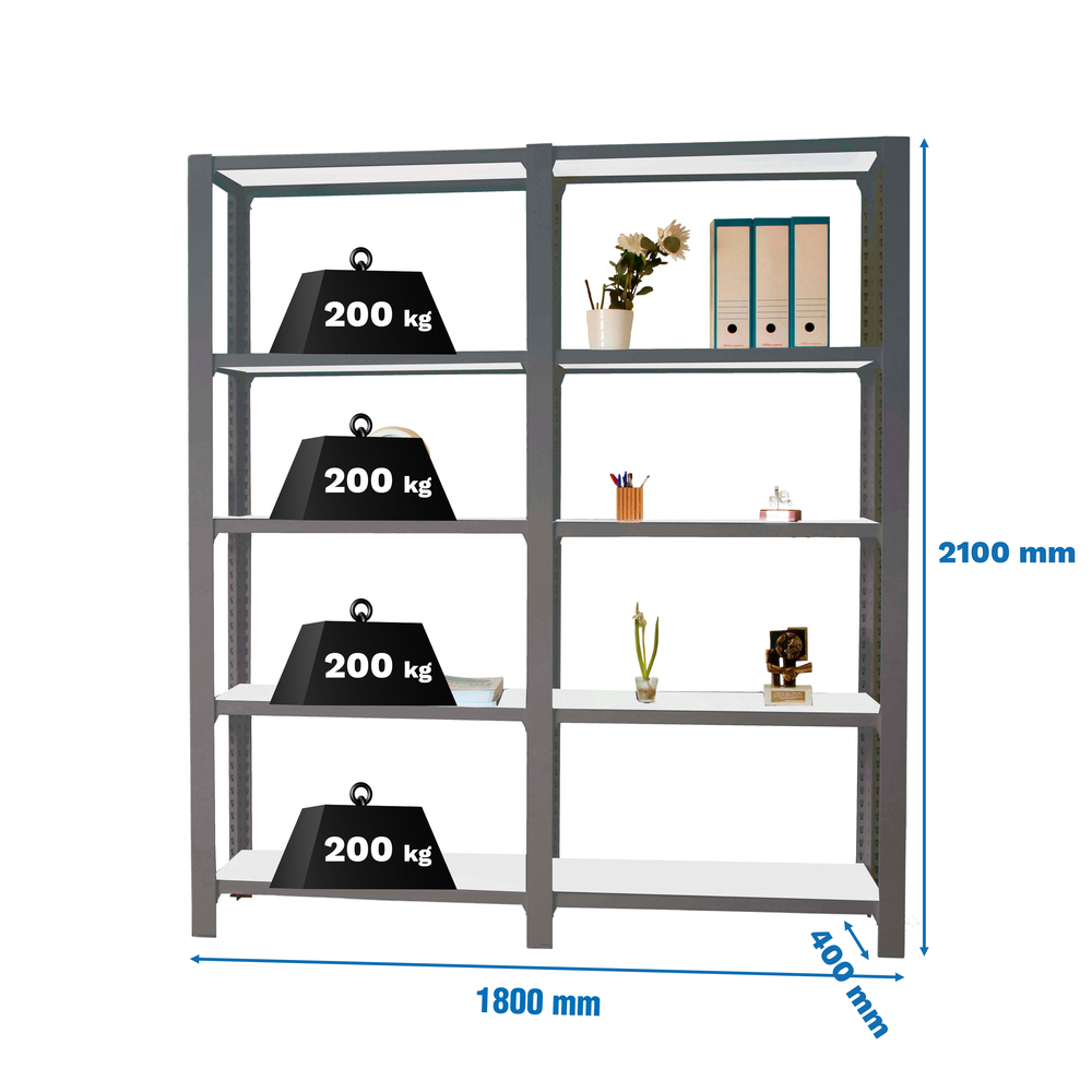 Rayonnage de bureau charge légère sans vis 2100x1800x400 - 5 niveaux Anthracite/Blanc - SIMON RACK - 8425437108907